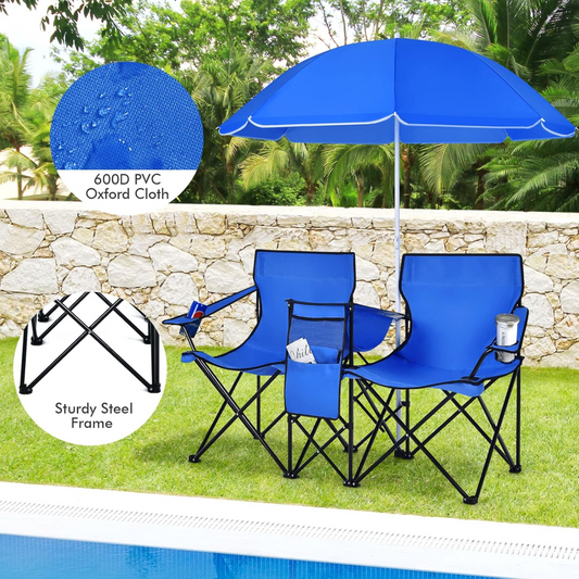 Folding Chairs with Removable Umbrella and Thermal Cooler Storage Bag for Camping, Beach, Fishing