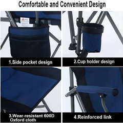 Folding Camping Chair Backpacking Side Pocket with Armrests, Cup Holder, Carry Bag