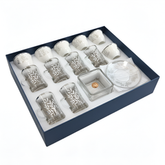Glass Tea Cups and Ceramic Arabic Coffee Qahwa Cups Set (18 Pcs) Silver Leaves