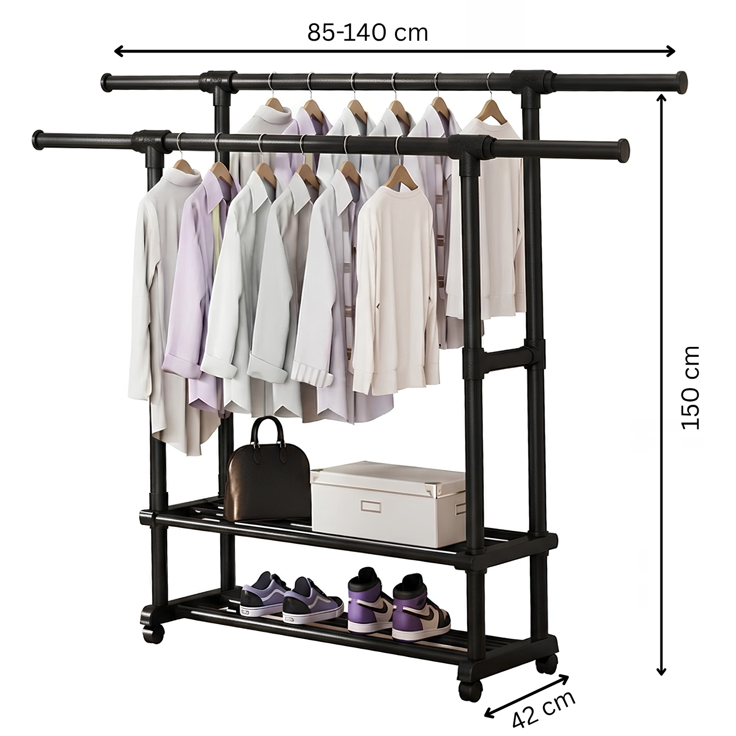 Extendable Double Rod Clothes Rack with Shoe Rack 2 Compartments
