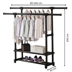 Extendable Double Rod Clothes Rack with Shoe Rack 2 Compartments