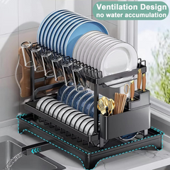 Double Layer Countertop Dish Drying Rack with Cutlery Holder, Cup Rack, Drainboard