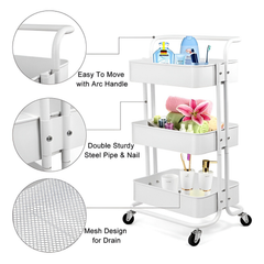 3 Tier Baskets Trolley Cart Organizer Rack with Swivel Wheels for Kitchen, Pantry, Bathroom and Living Room