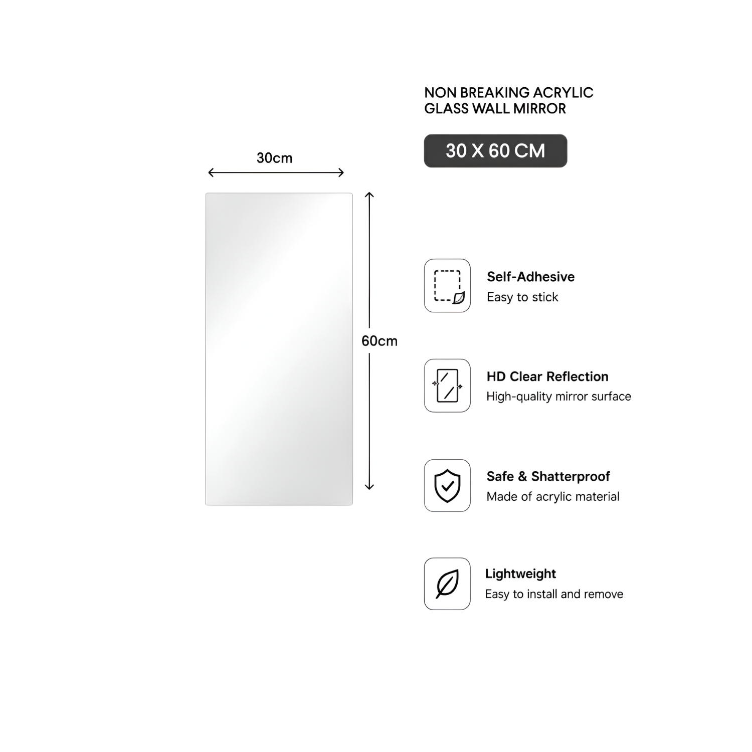 Acrylic Glass Wall Mirror, HD Self Adhesive DIY Mirror 30 X 60 CM