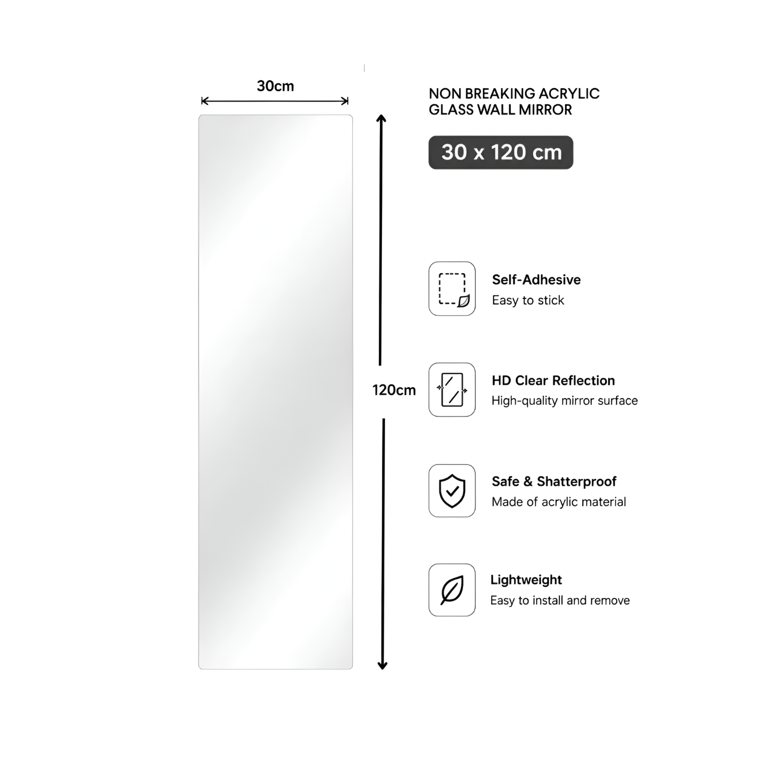 Acrylic Glass Wall Mirror, HD Self Adhesive DIY Mirror 30 X 120 CM