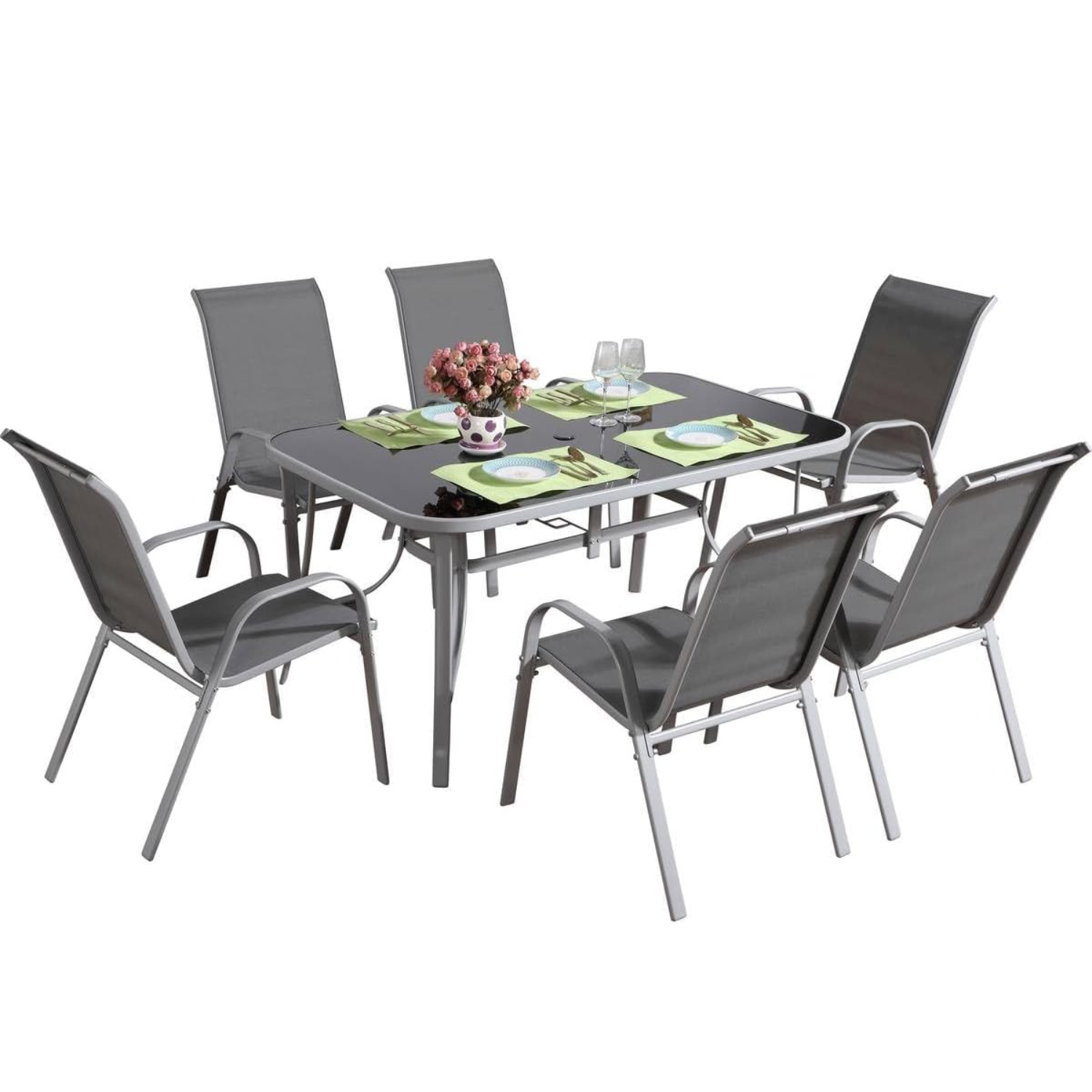 6 Seater Steel and Textilene Chairs with Center Glass Table Patio Garden Furniture