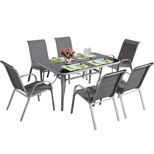 6 Seater Steel and Textilene Chairs with Center Glass Table Patio Garden Furniture