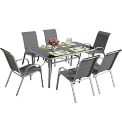 6 Seater Steel and Textilene Chairs with Center Glass Table Patio Garden Furniture