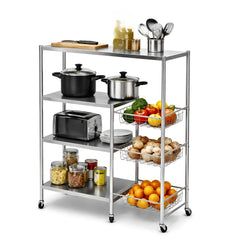 Full Stainless Steel Kitchen Utility Storage Rack with Mesh Baskets and Wheels