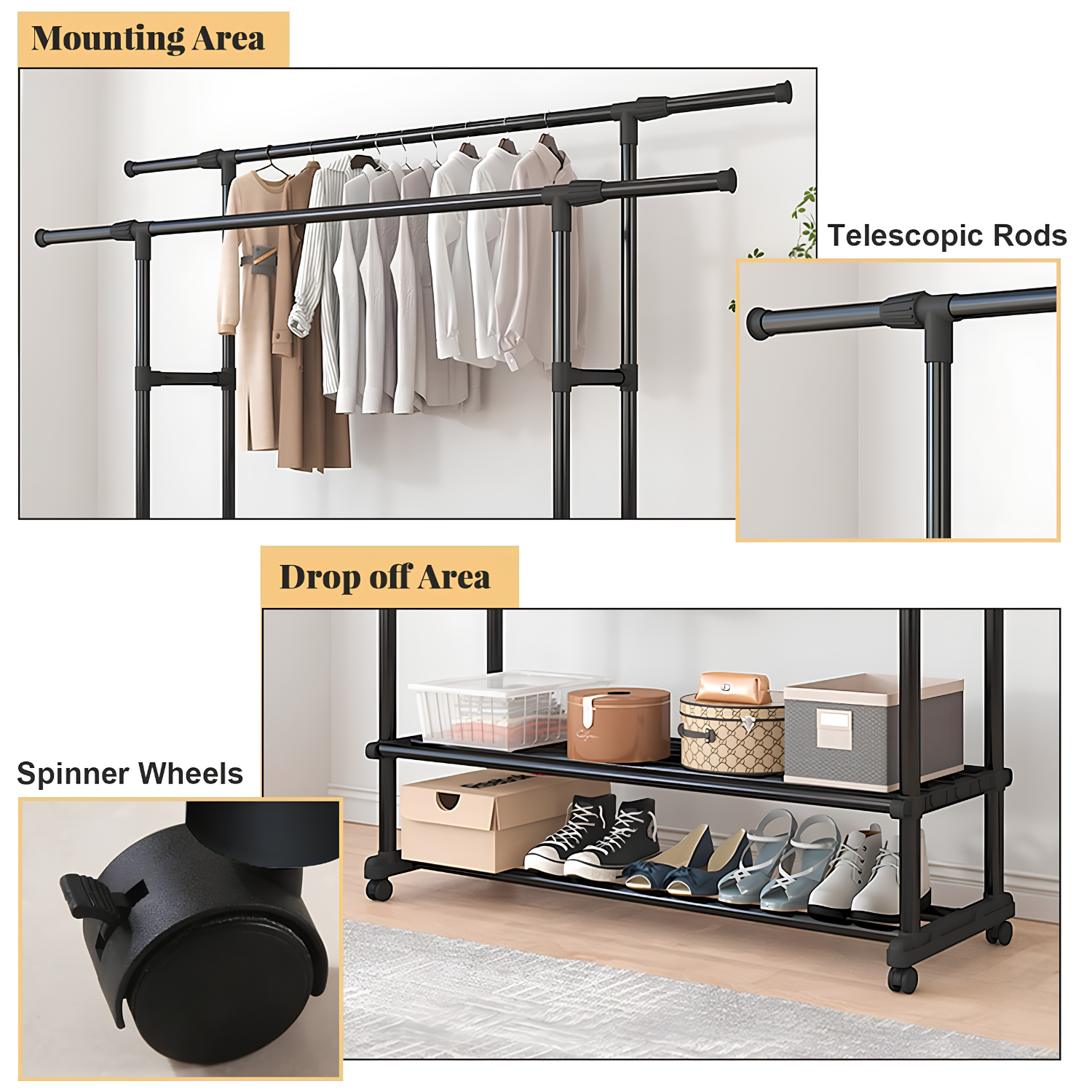 Extendable Double Rod Clothes Rack with Shoe Rack