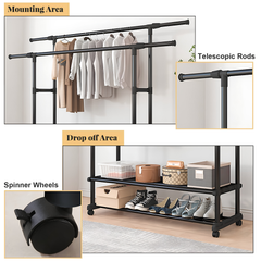 Extendable Double Rod Clothes Rack with Shoe Rack