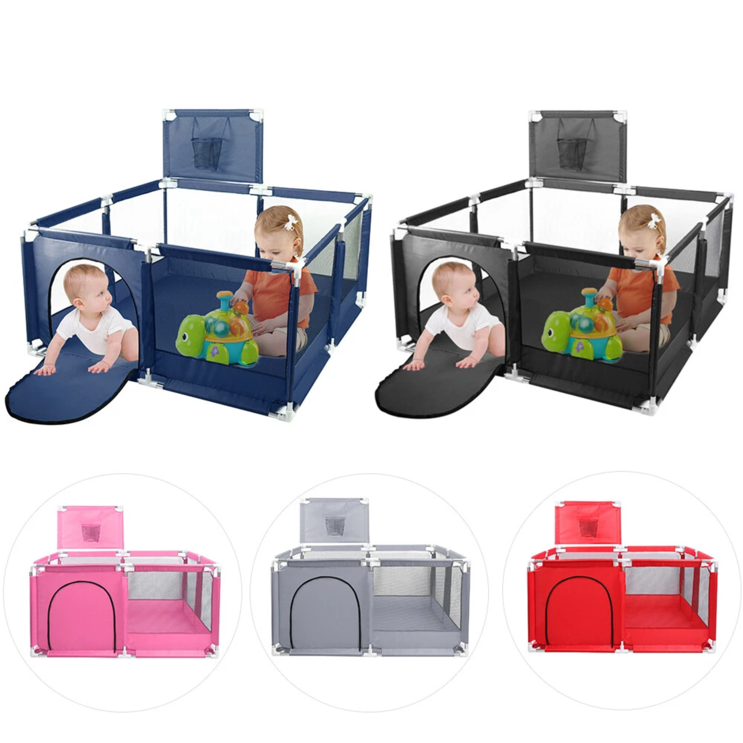 Baby Kids Playpen with Basketball Hoop, 126 x 126 cm Baby Play Yard Fence with 30 Balls