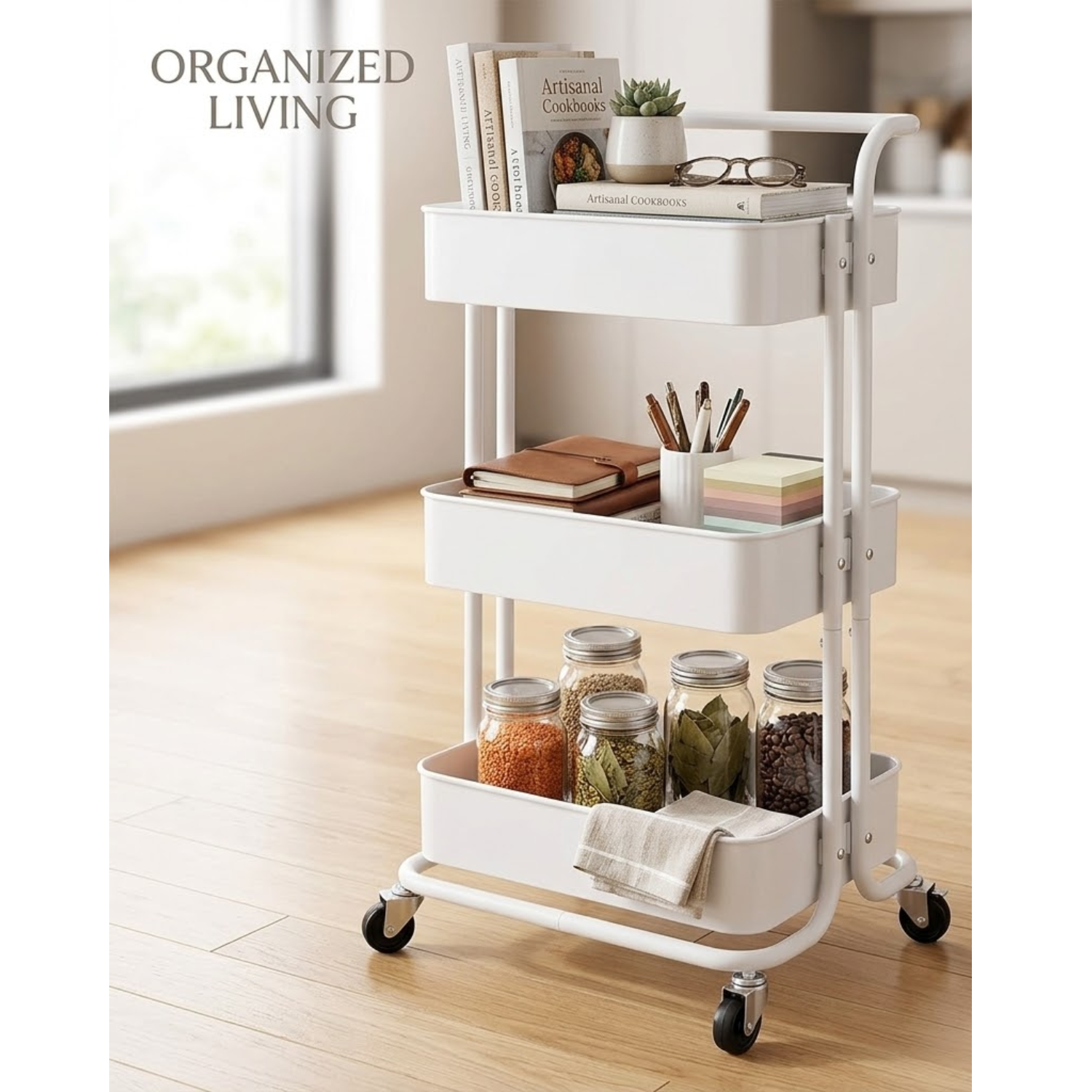 3 Tier Baskets Trolley Cart Organizer Rack with Swivel Wheels for Kitchen, Pantry, Bathroom and Living Room