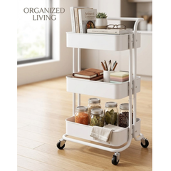 3 Tier Baskets Trolley Cart Organizer Rack with Swivel Wheels for Kitchen, Pantry, Bathroom and Living Room