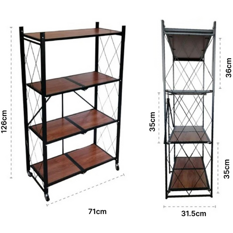 Foldable Storage Rack with Wooden Shelf for Kitchen and Home