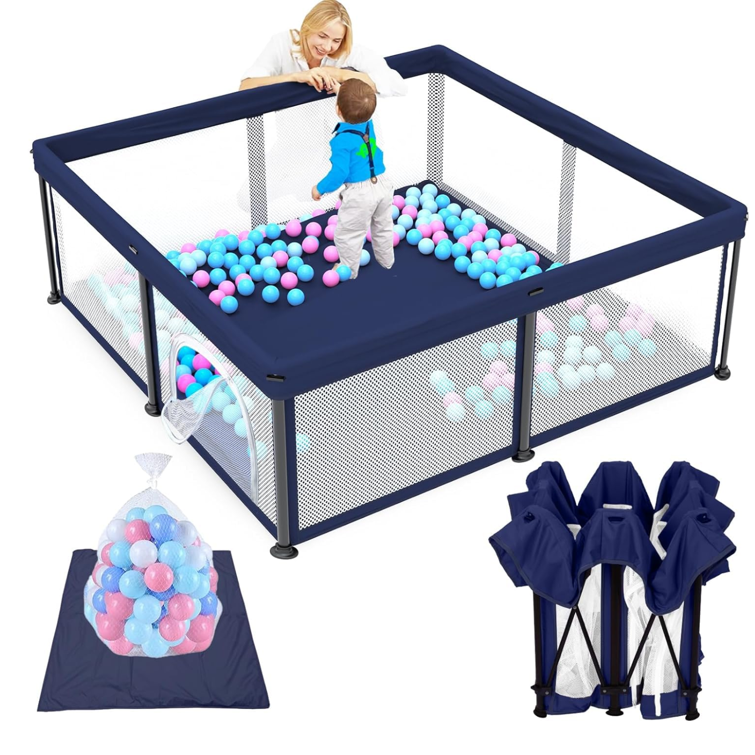 Portable Folding Playpen with Mat and 30 Balls | 120 x 120 x 68 cm Blue