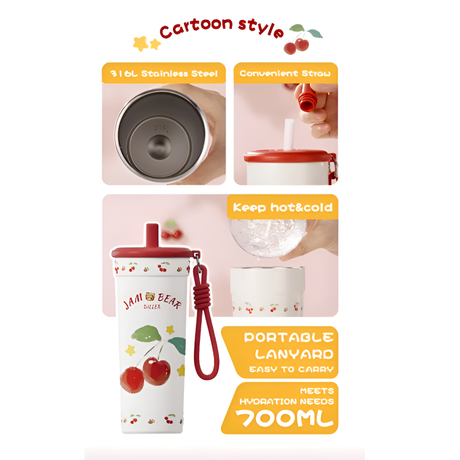 Diller 700ML Cherry Double Wall Vacuum Insulated Stainless Steel Travel Tumbler Cup