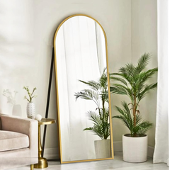 Full Length Life Size Floor Free-standing Arched Metal Frame Mirror Golden