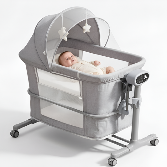 4 IN 1 Multi Functional Bedside Baby Bassinet, Newborn Crib with Breathable Mosquito Net and Mattress Grey