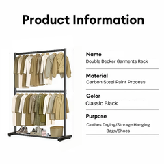 Double Decker Garments Display Rack, 80Kg Load Capacity Clothes Hanger