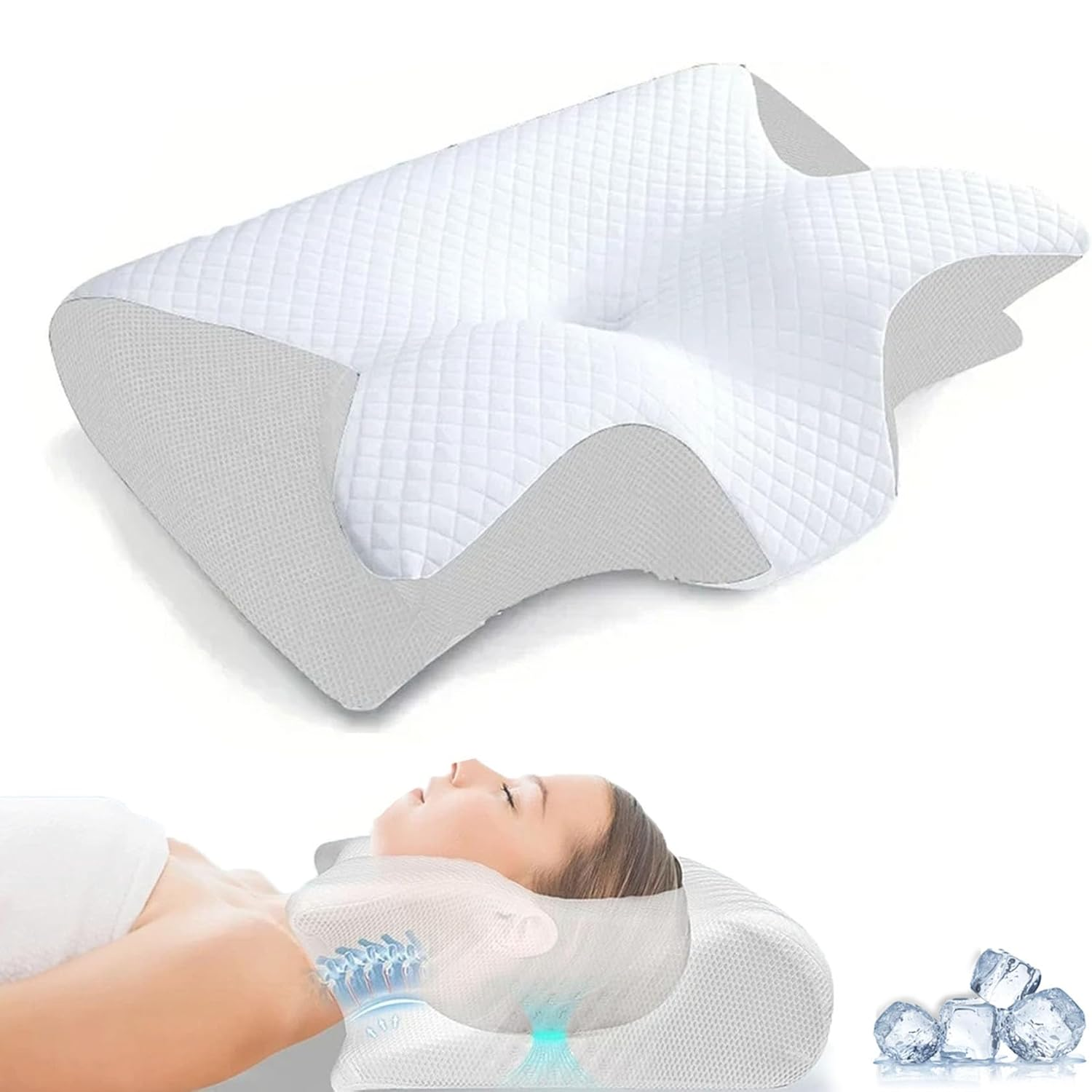 Orthopedic Ergonomic Butterfly Shaped Memory Foam Cervical Pillow for Neck Pain White + Grey