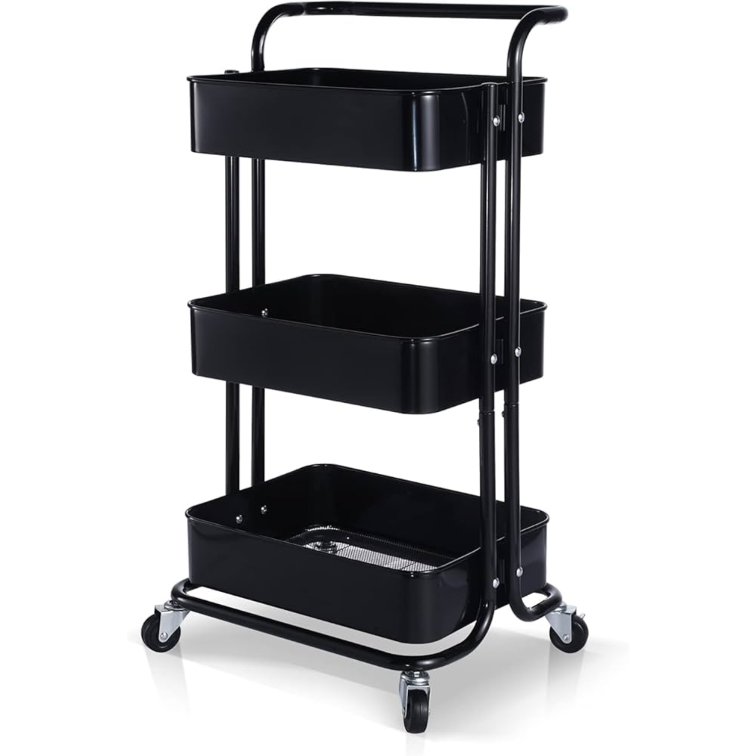 3 Tier Baskets Trolley Cart Organizer Rack with Swivel Wheels for Kitchen, Pantry, Bathroom and Living Room Black