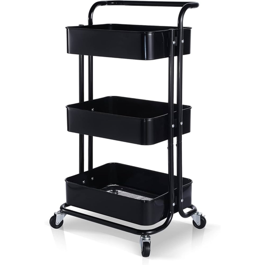 3 Tier Baskets Trolley Cart Organizer Rack with Swivel Wheels for Kitchen, Pantry, Bathroom and Living Room Black