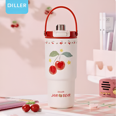 Diller Cherry Cartoon 900ml Insulated Thermal Vacuum Tumbler Ceramic Liner Portable Water Flask