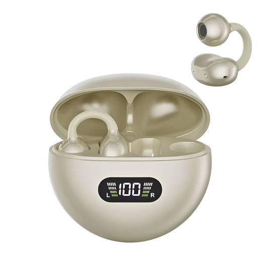 Q71 Wireless Clip On Earbuds, Sports Silicone TWS Earphone with Noise Reduction and Digital Display Beige