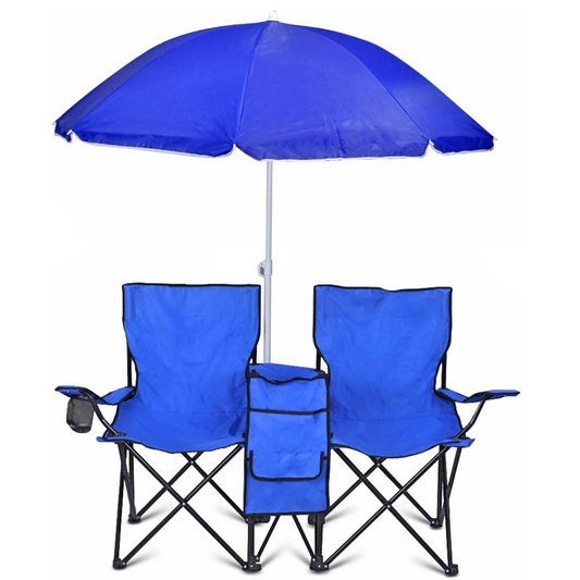 Folding Chairs with Removable Umbrella and Thermal Cooler Storage Bag for Camping, Beach, Fishing