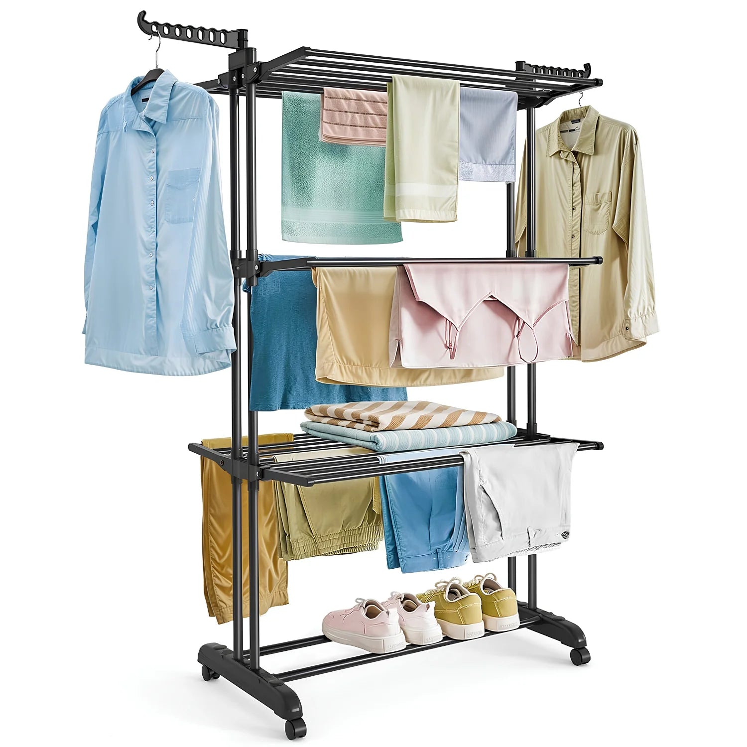 Multi Layer Folding Clothes Drying Rack, Large Capacity Cloth Hanger Full Black