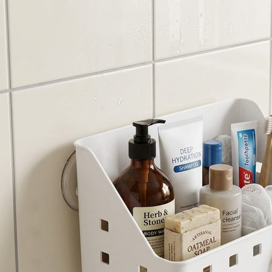 Wall Mounted Suction Cups Plastic Storage Organizer Basket for Bathroom