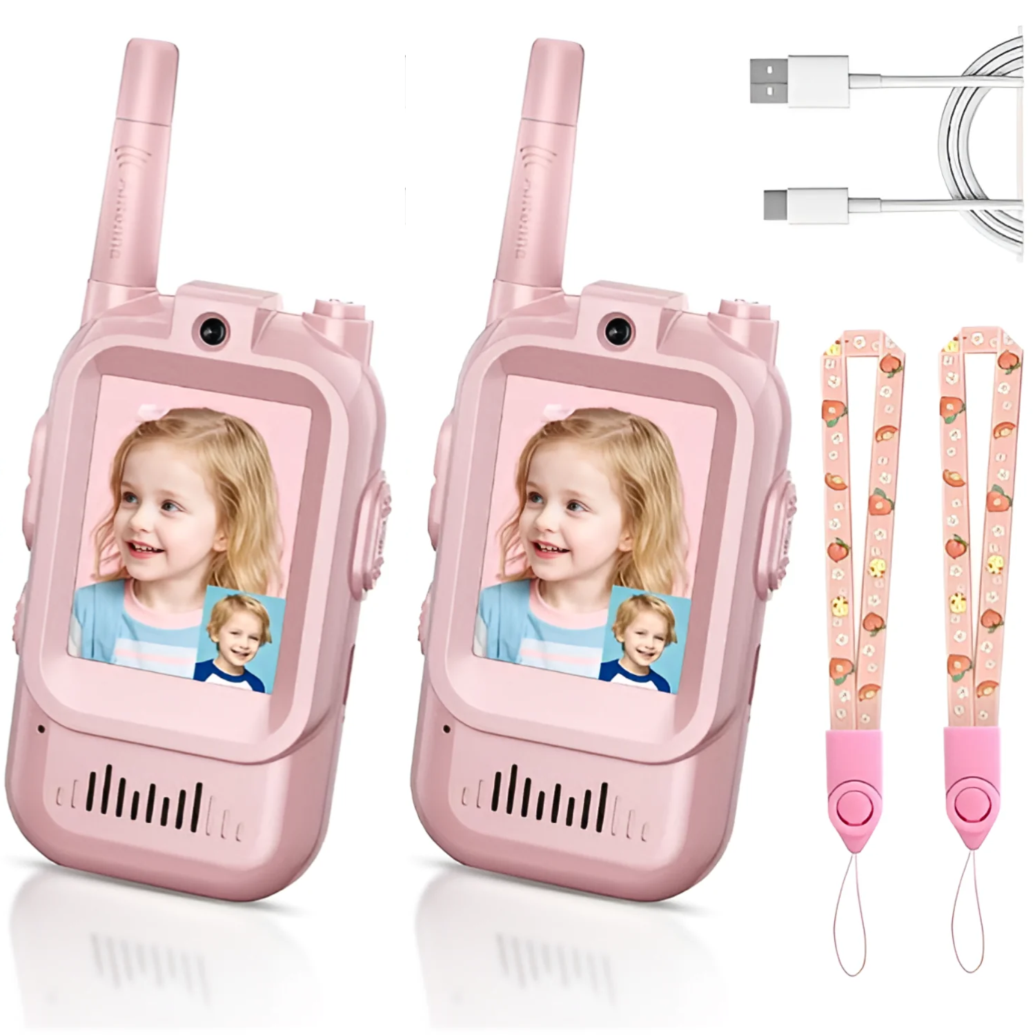 Children's Interactive Video Walkie Talkie, Rechargeable Kids Interactive Set with Camera and Voice Chat Pink