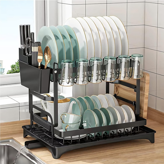 Double Layer Countertop Dish Drying Rack with Cutlery Holder, Cup Rack, Drainboard