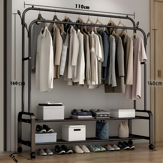 Clothes Organizer Stand with Wheels - 48 Kg Heavy Duty Double Layer Garment Hanger Rack