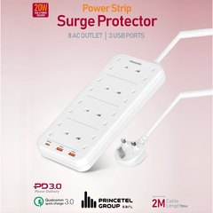 Moxedo Power Strip Surge Protector with 8 AC Outlets and 3 USB Ports, 2M Cable Length