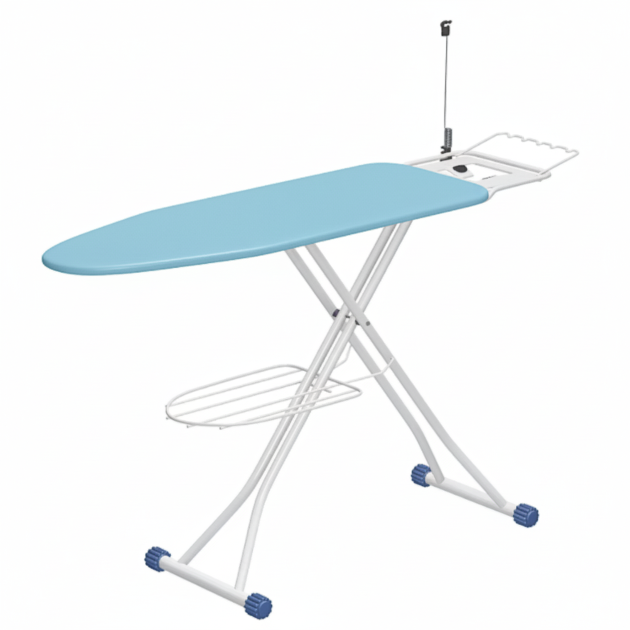 Folding Ironing Board with Iron Rest, Height Adjustment, Wire Holder and Storage Tray Light Blue