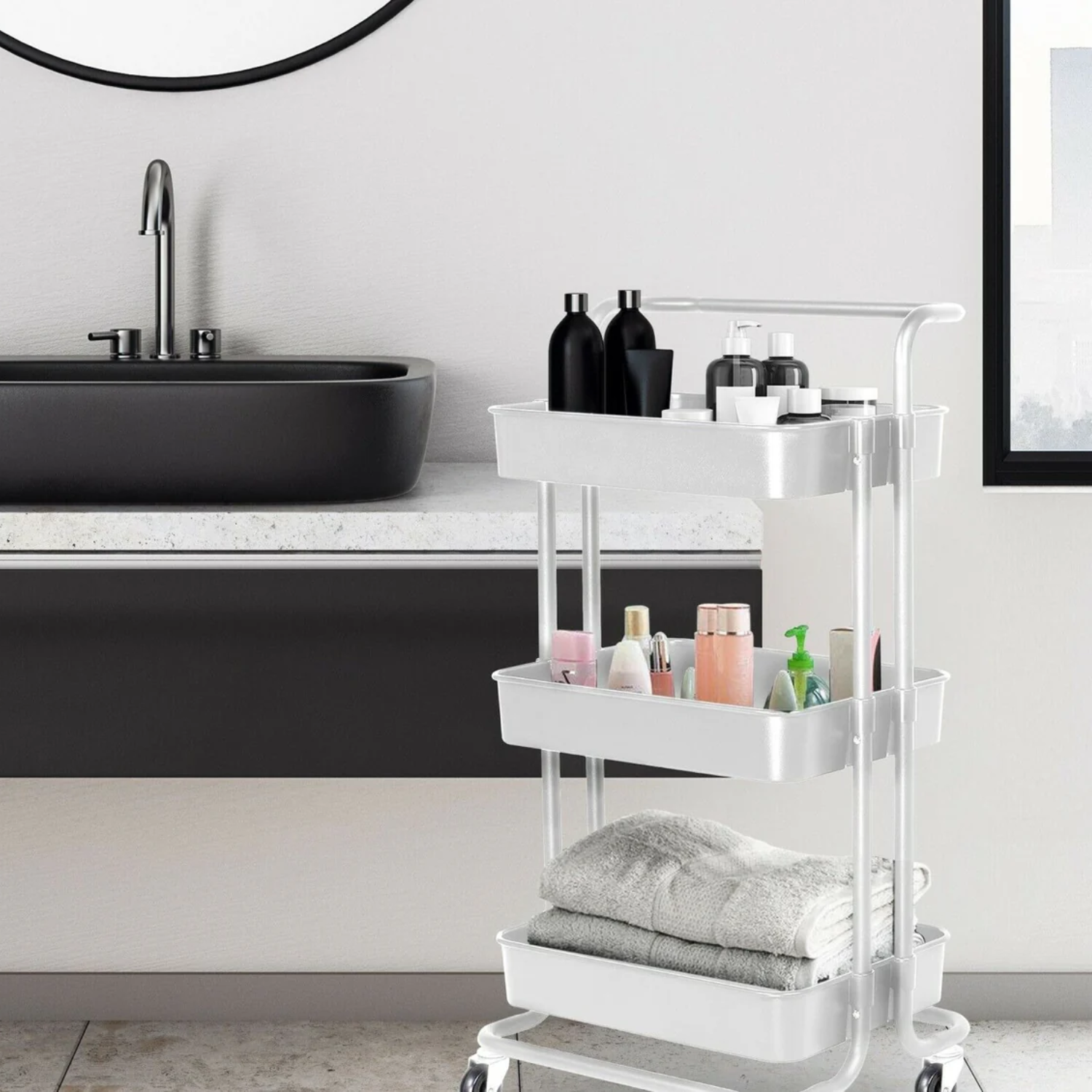 3 Tier Baskets Trolley Cart Organizer Rack with Swivel Wheels for Kitchen, Pantry, Bathroom and Living Room