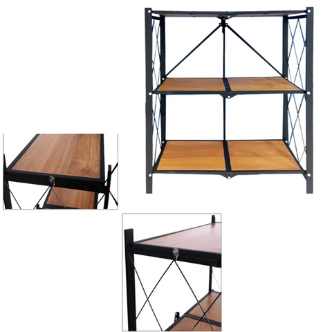 Foldable Storage Rack with Wooden Shelf for Kitchen and Home