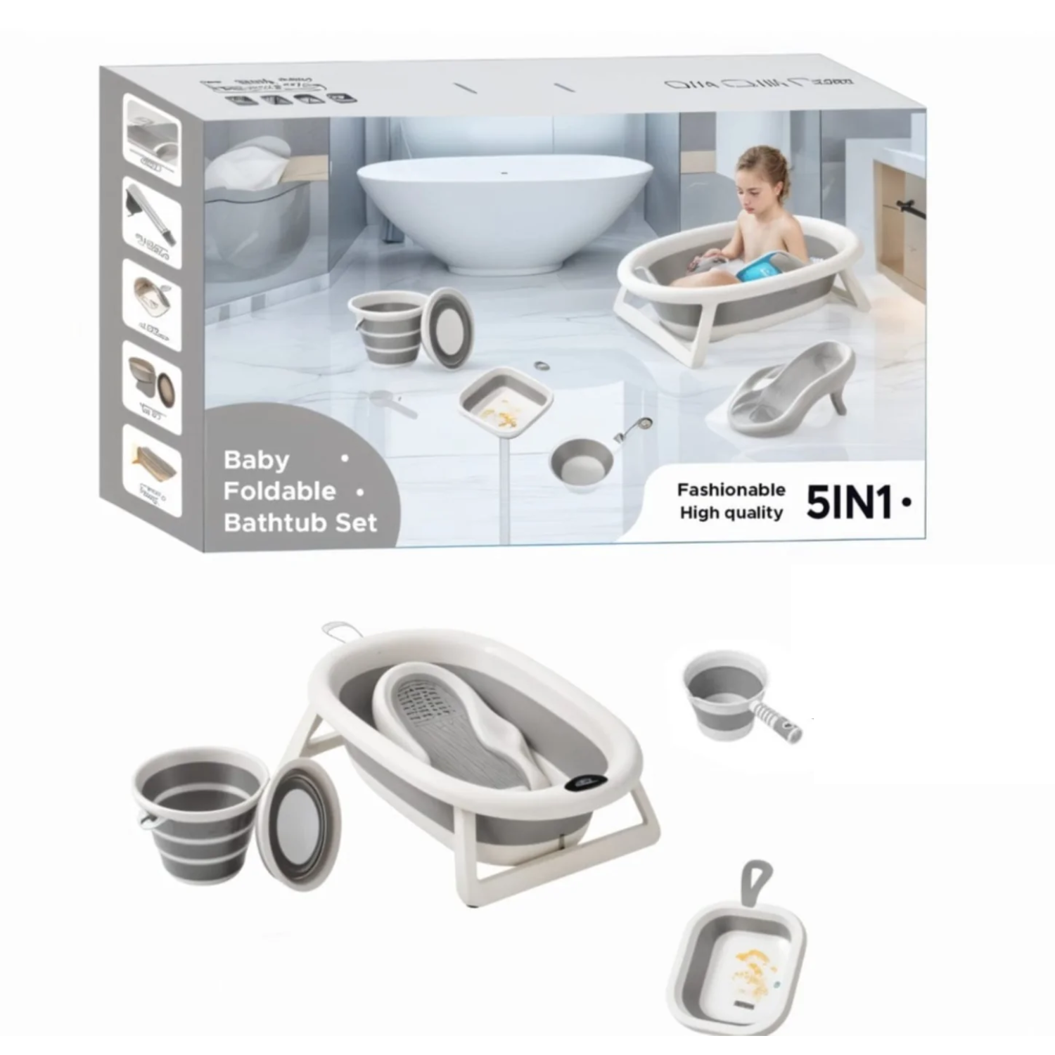 5 IN 1 Folding Baby Bathtub Set with Washbasin, Bucket and Water Ladle