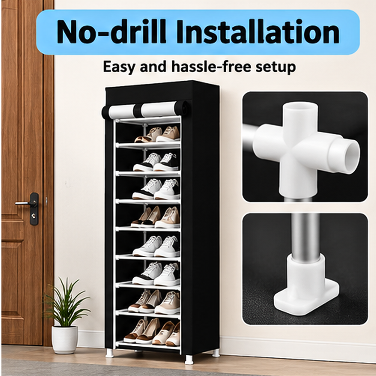 10 Layer Freestanding Shoe Rack with Dustproof Cover