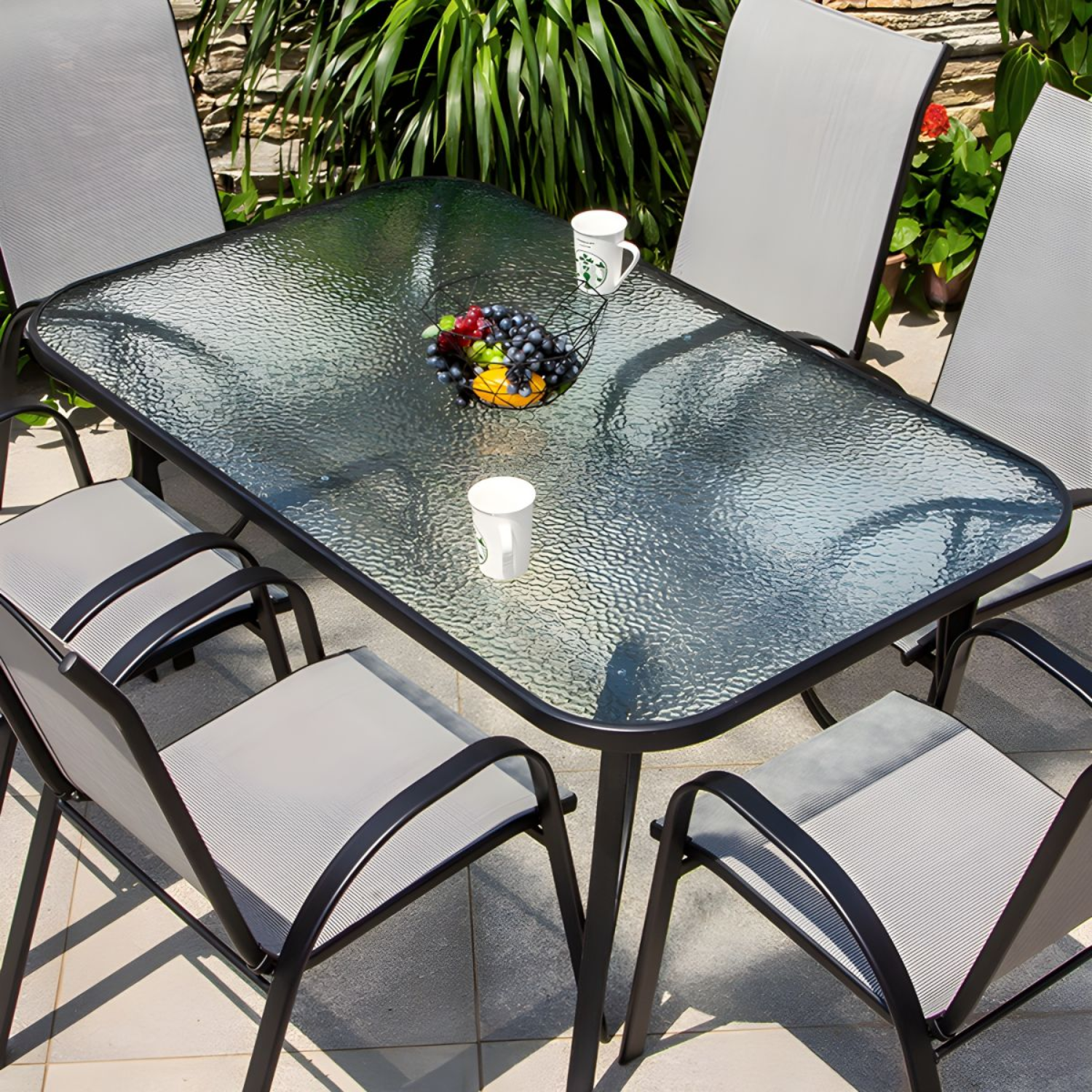 6 Seater Steel and Textilene Chairs with Center Glass Table Patio Garden Furniture
