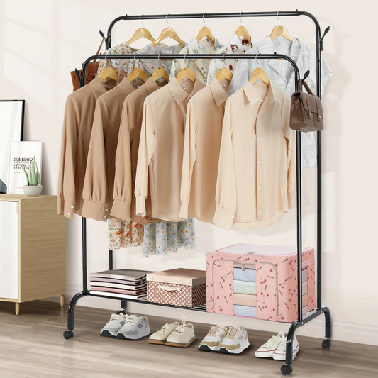 Garment Rack with Wheels - Double Rode Hanging Clothes Drying Stand