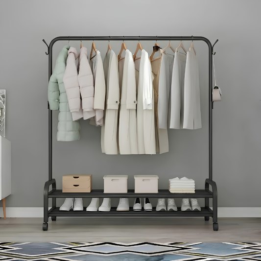 Multifunctional Single Pole Clothes Hanging Rack with Wheels and Bottom 2 Tier Shoe Rails Black