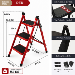 3 Step Stool Ladder with Wide Pedals and 150Kg Load Capacity Red