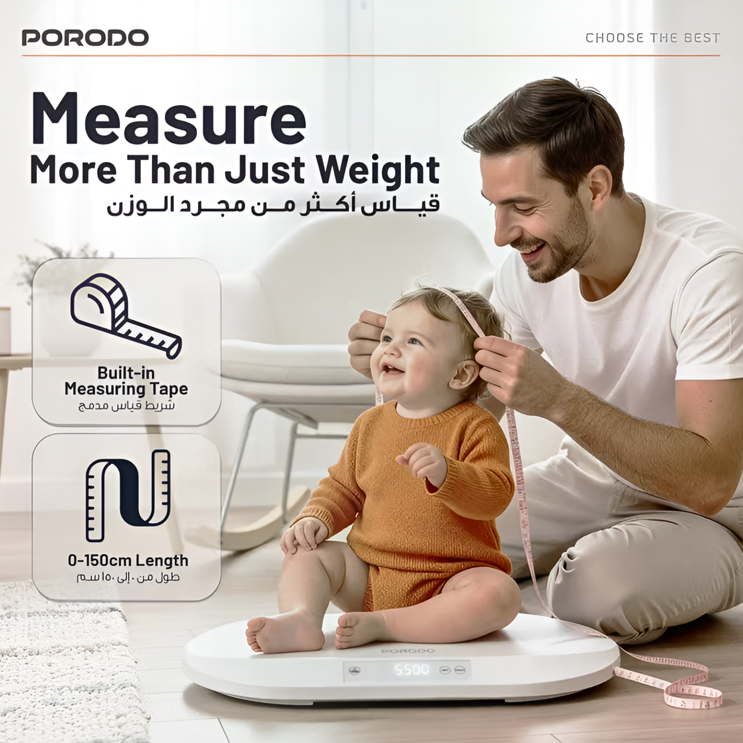 Porodo Minimeasure Electric Digital Baby Scale with Measuring Tape