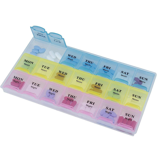 7 Day Weekly Pill Organizer Box, Three-Times-a-Day Tablet Medicine Storage