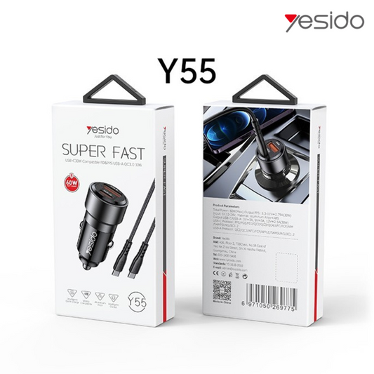 محول شاحن سيارة سريع الشحن بقوة 60 وات - QC3.0+PD 30 وات، USB / USB Type-C - Yesido Y55