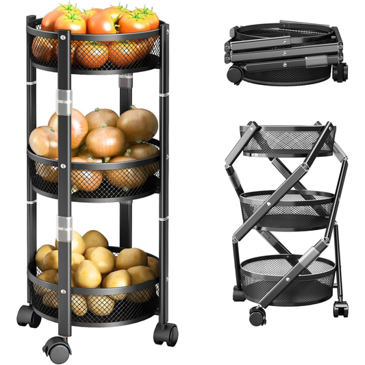 3 Layer Collapsible Folding Vegetables and Fruits Storage Rack Basket with Wheels