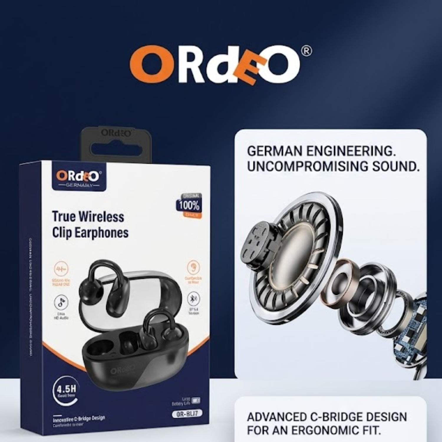 ORDEO Germany OR-BL17 Premium Clip Earbuds, True Wireless Noise Cancelling Earphones - Huawei FreeClip 2 Alternative